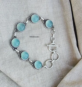 Aqua Chalcedony Bracelet, 925 Sterling Silver Bracelet, Dainty Bracelet - Picture 1 of 10