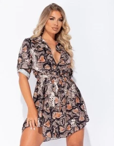 Womens Snake Print V-Neck Long Sleeve Shirt Dress Ladies Casual Loose Mini Dress - Picture 1 of 7