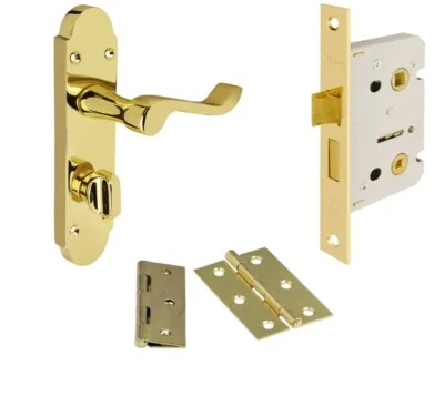Bathroom door handle pack Brass polished Lock and Hinges included Shaped scroll - Image 1 of 4