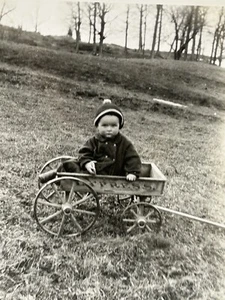 Vtg Photo Cute Little Girl Winter Hat Express Wooden Toy Wagon - Picture 1 of 3