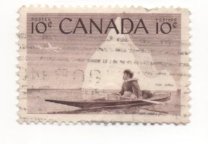 TIMBRES CANADA 1955 KYAK ET ESQUIMEAU N° 351 SCOTT - Photo 1/2