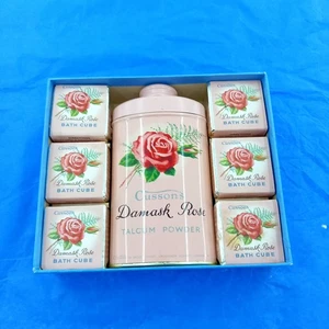 VINTAGE 50er JAHRE CUSSONS DAMAST ROSE TALKUM / BADEWÜRFEL BADESET komplett - Bild 1 von 2