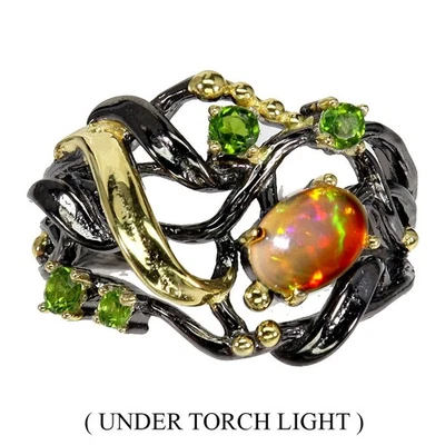 Anello in argento sterling 925 ovale opale di fuoco cromato diopside gemma... - Immagine 1 di 4