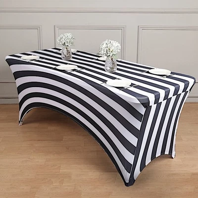 8 ft BLACK WHITE Fitted Premium Spandex TABLECLOTH Striped Table Cover Party - Image 1 of 4
