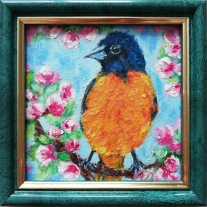 Vogel und Blumen Original Ölgemälde - kleines Kunstwerk gerahmt - Bild 1 von 14