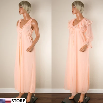 💖 VTG PANDORA Lingerie Peignoir Gown Set Melon Nylon Double Chiffon Ruffle P - Image 1 of 4