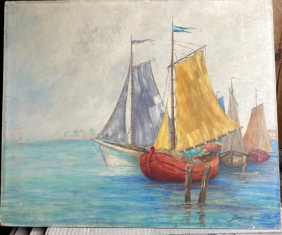 Pintura al óleo Barcos en el mar del lago Barcos antiguos° ilegibles firmados playa costa Foto 1 de 4