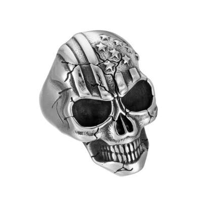 Anel de cabeça de caveira listra de estrela gótico dos EUA aço inoxidável masculino esqueleto motociclista - Imagem 1 de 4