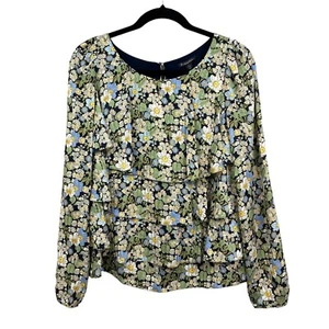 Brooks Brothers Womens Floral Silk Blouse Tiered Long Sleeves Green Blue Size 6 - Picture 1 of 5