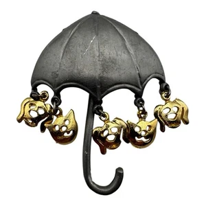 Vintage Ultracraft “Raining Cats and Dogs” Umbrella Brooch - Pewter & Gold-Tone - Foto 1 di 6