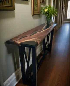 Epoxy River table Walnut Console Table - Custom Handmade Entryway Sofa Table Top - Picture 1 of 7