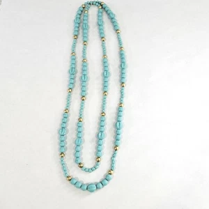Vintage 62" Turquoise Color Stone & Gold Tone Beaded Necklace - Picture 1 of 3