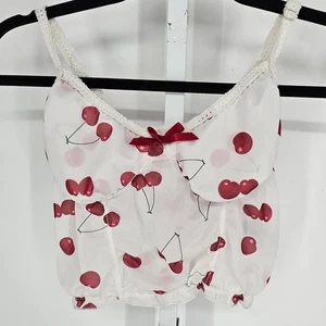 Shein Womens Sz M Y2K Inspired Nightie Pajama Top White Red Cherry Print - Picture 1 of 4