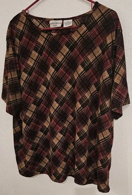 Kathy Ireland Plus Womens Stretchy Vintage Tan Metallic Plaid Blouse SZ 2X - Image 1 of 4