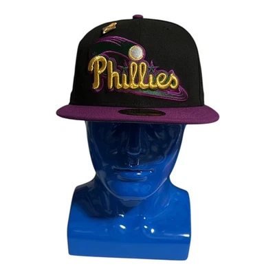 Philadelphia Phillies New Era Fitted Hat Size 7 1/2– Black/Purple Retro Logo - Image 1 of 4