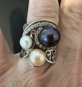 MULTI COLORED TRIO FRESHWATER PEARLS FILIGREE STATEMENT RING SIZE 6 - Picture 1 of 9