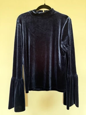 Torn by Ronny Kobo Navy Blue Velvet Boho Mock Neck Bell Sleeve Hippie Top Sz Lg - Image 1 of 4