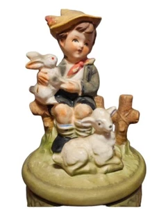 NORLEANS JAPAN Figurine Musical Box Boy with Bunnies Porcelain Easter Rotates - Picture 1 of 13
