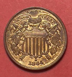 1864 Uncirculated Two Cent,  Large Motto, Red/Brown, 180 Degree Rotated Rev. - Picture 1 of 2