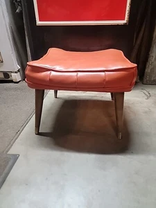 Vintage Mid Century Orange Vinyl Foot Stool Ottoman w/ Tapered Wood & Brass Legs - Picture 1 of 13