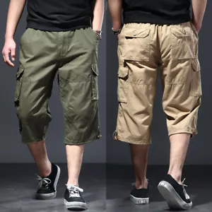 Herren Cargo Shorts 3/4 Hose Baumwolle Gummibund Lockere Hose Mehrere Taschen Neu - Bild 1 von 16