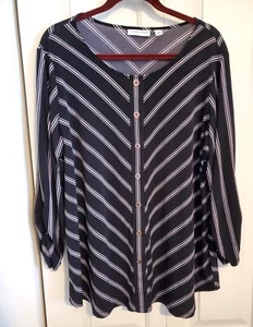 SUSAN GRAVER Top V Neck Black & White Stripes 1X - Picture 1 of 6
