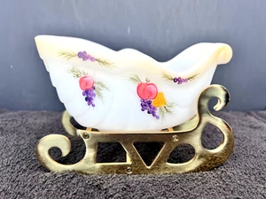 Fenton Glass White Opal Sleigh with Brass Base Holly Berries Fruit - 8" Long - Picture 1 of 9
