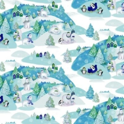 2 YD Snowville  Mountains Cotton Fabric Clothworks Winter Resort Fun   - Image 1 of 3