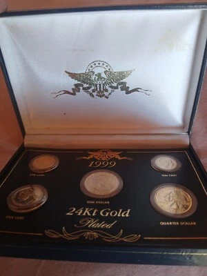 1999 24kt Gold Plated US Mint Proof Coin Set Uncirculated In Box With Year Plate - Image 1 of 4