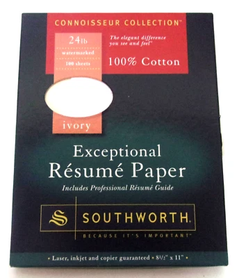 Papel de currículum Southworth 100 % algodón marfil 24 libras 8-1/2 x 11 tejido 100/caja Foto 1 de 2