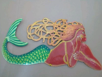 ORIGINAL HAITIAN ART CRAFT HANDMADE CUT METAL STEEL DRUM SCULPTURE MERMAID 24" - Image 1 of 4