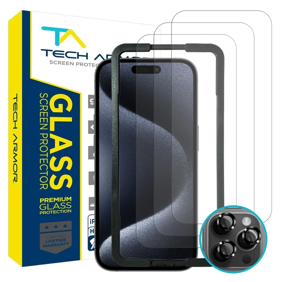 Tech Armor Screen Protector for iPhone 15 Pro 6.1 inch - 3 Pack + Camera Lens - Image 1 of 4
