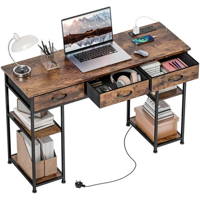 HOMCOM Computer Writing Desk with Power Outlets, Drawers, Foot Pads, Brown