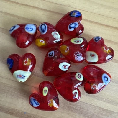 10 RED MILLEFIORI LAMPWORK HEART BEADS 20mm -   DIY JEWELRY MAKING - Image 1 of 4