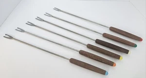 VTG Fondue Forks Stainless Steel Wood Handle Color Coded Set of 6 Made in Japan - Picture 1 of 7