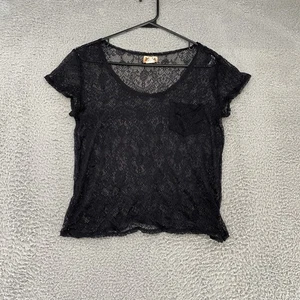 Mudd Y2K Lace Shirt Womens XL Black Nylon Goth Whimsigoth Short Sleeve Beach - Picture 1 of 10