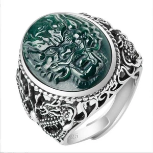 Anillo de dragón tallado jadeíta grado A con incrustaciones de plata esterlina 925 retro certificado - Imagen 1 de 9