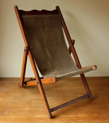 Antique Child's Deckchair. Small Doll, Teddy Bear Campaign Military Deck Chair Cover