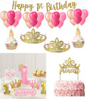 FIRST 1ST BIRTHDAY GIRL GOLD PINK DECORATIONS CENTERPIECE BANNER TIARAS TOPPERS