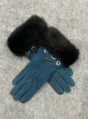 Par de guantes Coach de piel negra forrados de cachemir de cuero azul talla 7 nuevos con etiquetas Foto 1 de 4
