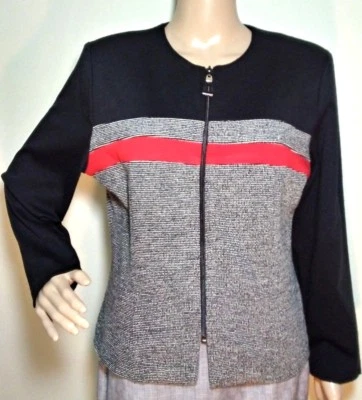 Chaqueta POSITIVE ACTITUDE Mujer Cremallera 14P Nueva Sin Etiquetas Tweed Negro Rojo Bloque de Color Cuello Redondo Foto 1 de 4