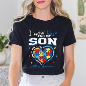 I Wear Blue For My Son Autism Awareness Mom Dad Parents Unisex T-Shirt - Picture 1 of 20