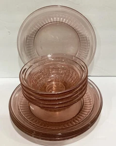 Retro Pink Glass Double Ribbed Dinnerware Set 4 Dinner Plates 4 Soup Bowls - Picture 1 of 12