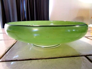 Vintage Jade Green Art Glass Console Centerpiece Bowl Black Edge Trim - Picture 1 of 3