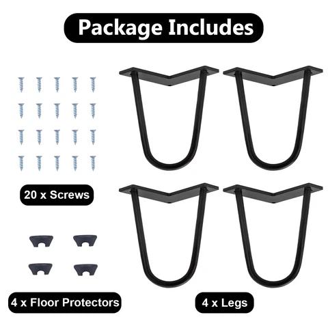 6"-28" Metal Furniture Legs Heavy Duty Hairpin Legs Coffee Table 4 Rods Set of 4 Cover