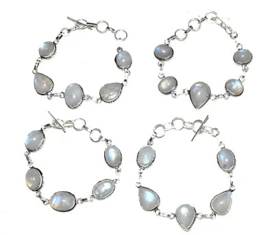 Lote a granel de 100 pulseras de piedras preciosas de piedras lunares arco iris chapadas en plata 925 WBR-01 Foto 1 de 4