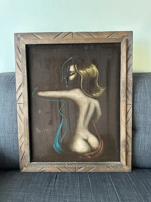 Pintura vintage de veludo preto feminina nua dos anos 1960 19” x 23,5” emoldurada meados do século - Imagem 1 de 4
