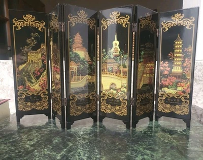 Vintage Chinese Lacquerware Table Screen Beijing Decoration 6 Panel - Image 1 of 4