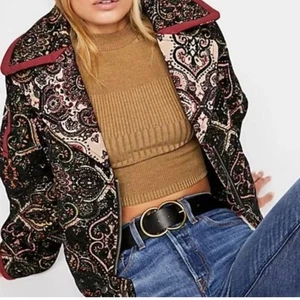 Free People Tapestry Moto Jacket Women's Small Boho Embroidered Zip Up Cropped - Picture 1 of 7