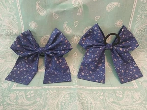 Hair Bows Hand Made Fabric Blue With Silver Stars  Soft Black elastic Band - Picture 1 of 1